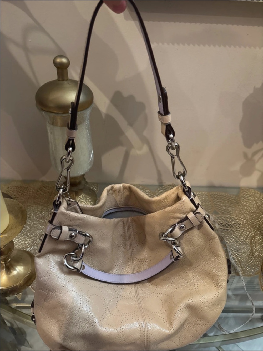 Coach Beige Leather Hobo with Silver Chain Hardware